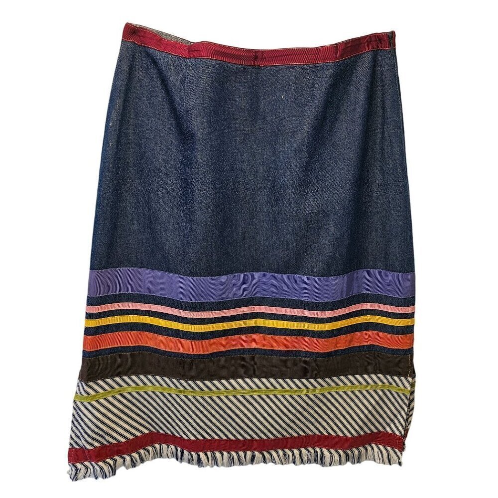 Neesh By DAR Denim Pencil Skirt Sz M Multicolor Striped Ribbon Applique